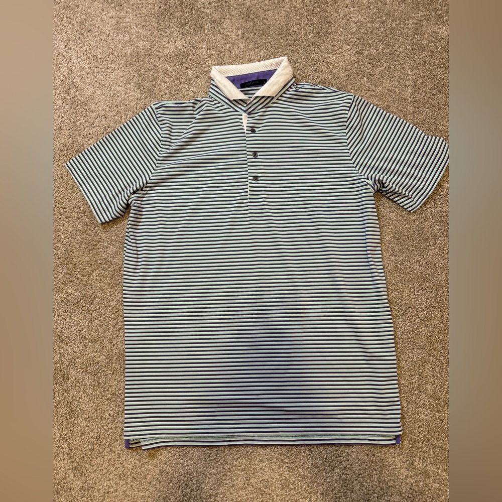 Greyson Moab Purple White Teal Stripe Mens‎ Polo Large